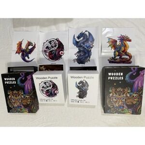 Wooden Jigsaw Puzzles, Dragon‎ Lot of 4  UNIQUE BRAIN TEASERS COLORFUL COMPLETE